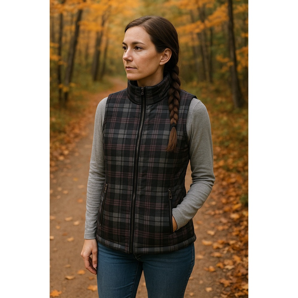 Lemon Tart Plaid Quilted Zip Front Vest Women's Sm Black Gray Pink Check Puffer